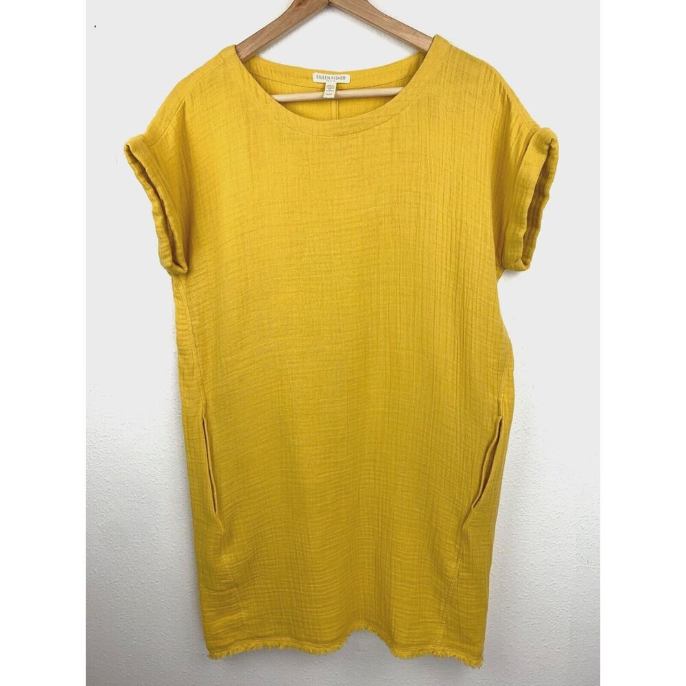 Eileen Fisher Cotton Gauze Shift Dress Marigold Yellow Size Petite Small